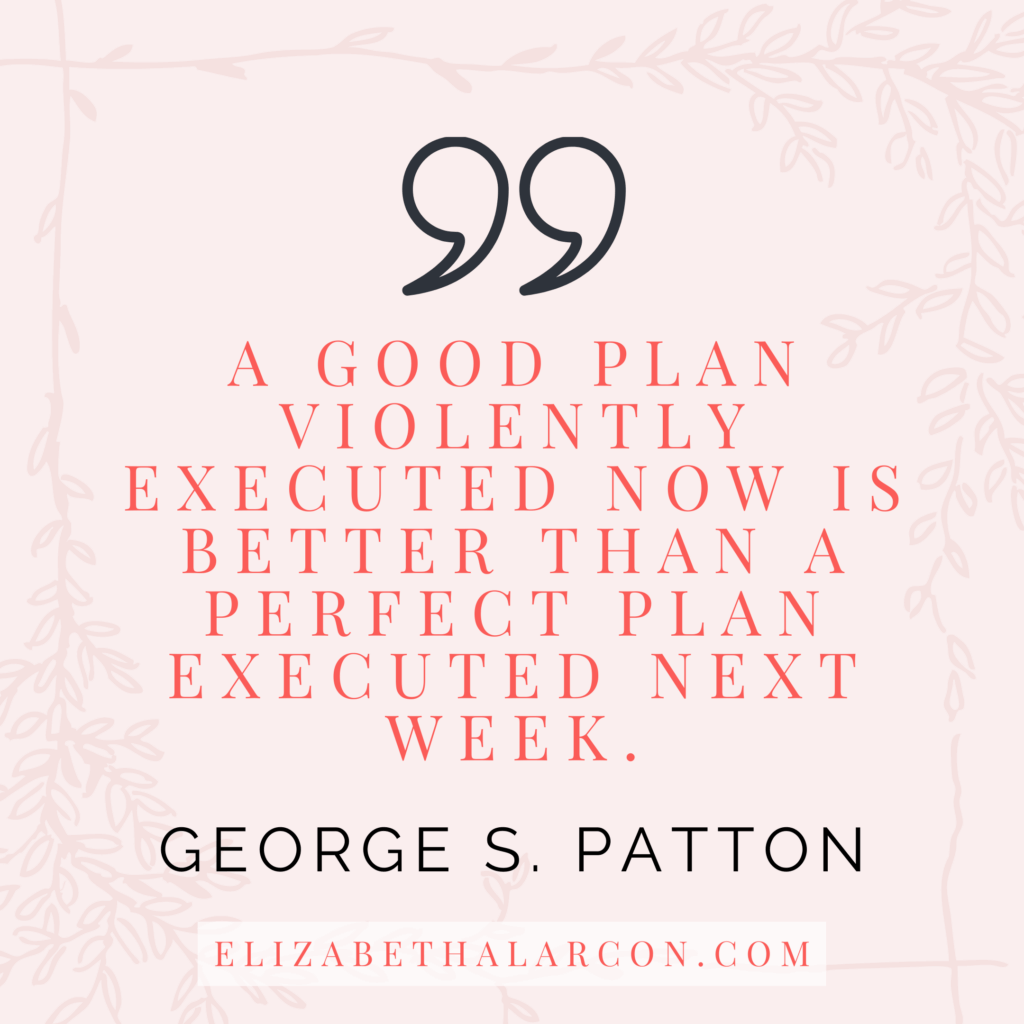 Elizabeth Alarcon - Blog Post Quotes - Learning How To Master Online Business and Succeed Without Being a Tech Genius - A good plan violently executed now is better than a perfect plan executed next week - George S. Patton